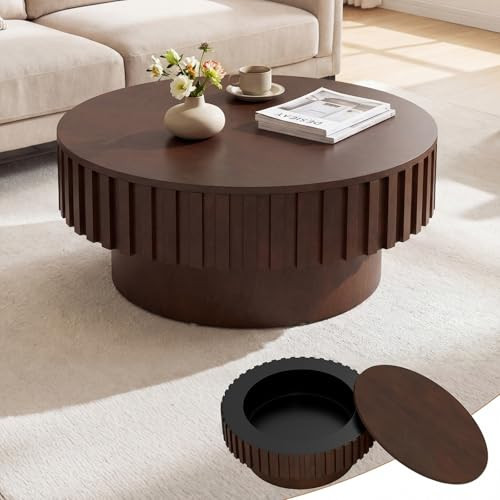 Giantex Round Coffee Table with Storage, Modern Drum Fluted Center Table with Solid Wood Veneered, Unique Circle Wood Coffee Table for Living Room Small Spaces (Brown) | Amazon (US)