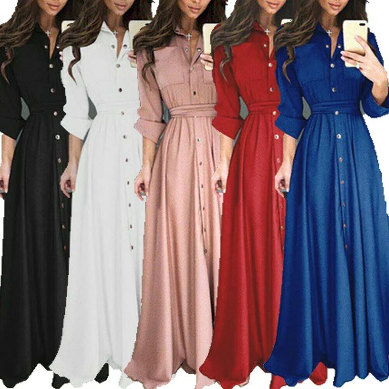 US Women Long Sleeve Button Dowm Maxi Dress Evening Party Casual Shirt Dress | Walmart (US)