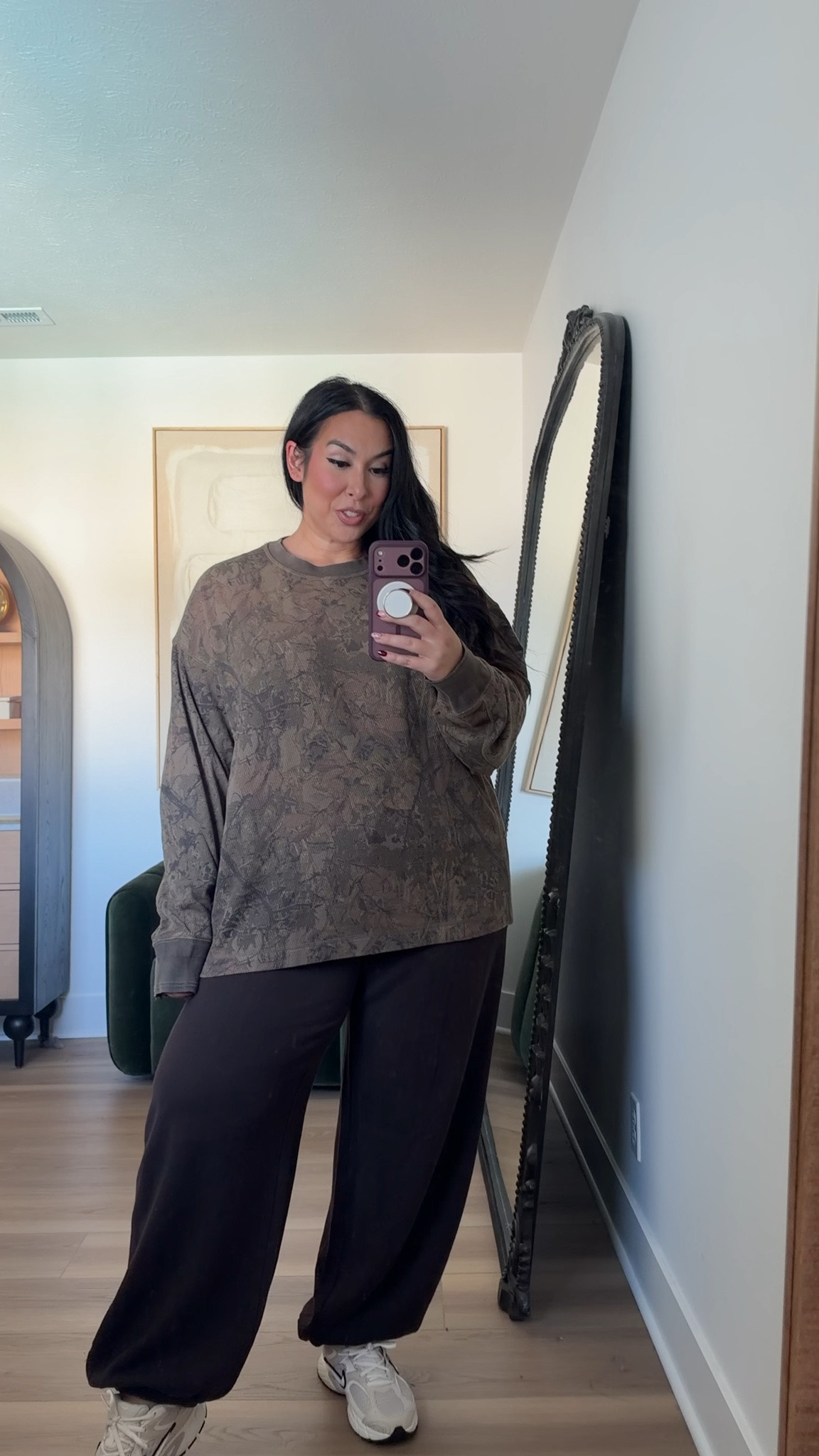 Ok camo! I love the oversized boxy vibe of this shirt so much. It's such a fun fall accent piece and these joggers are so cozy and soft belly friendly. Wearing a L on top and an XL on the bottom. Also, American Eagle is having 40% off all jeans from now until Monday! Midsize, midsize fashion, fall fashion, fall, american eagle, sale 

 #LTKSeasonal #LTKMidsize