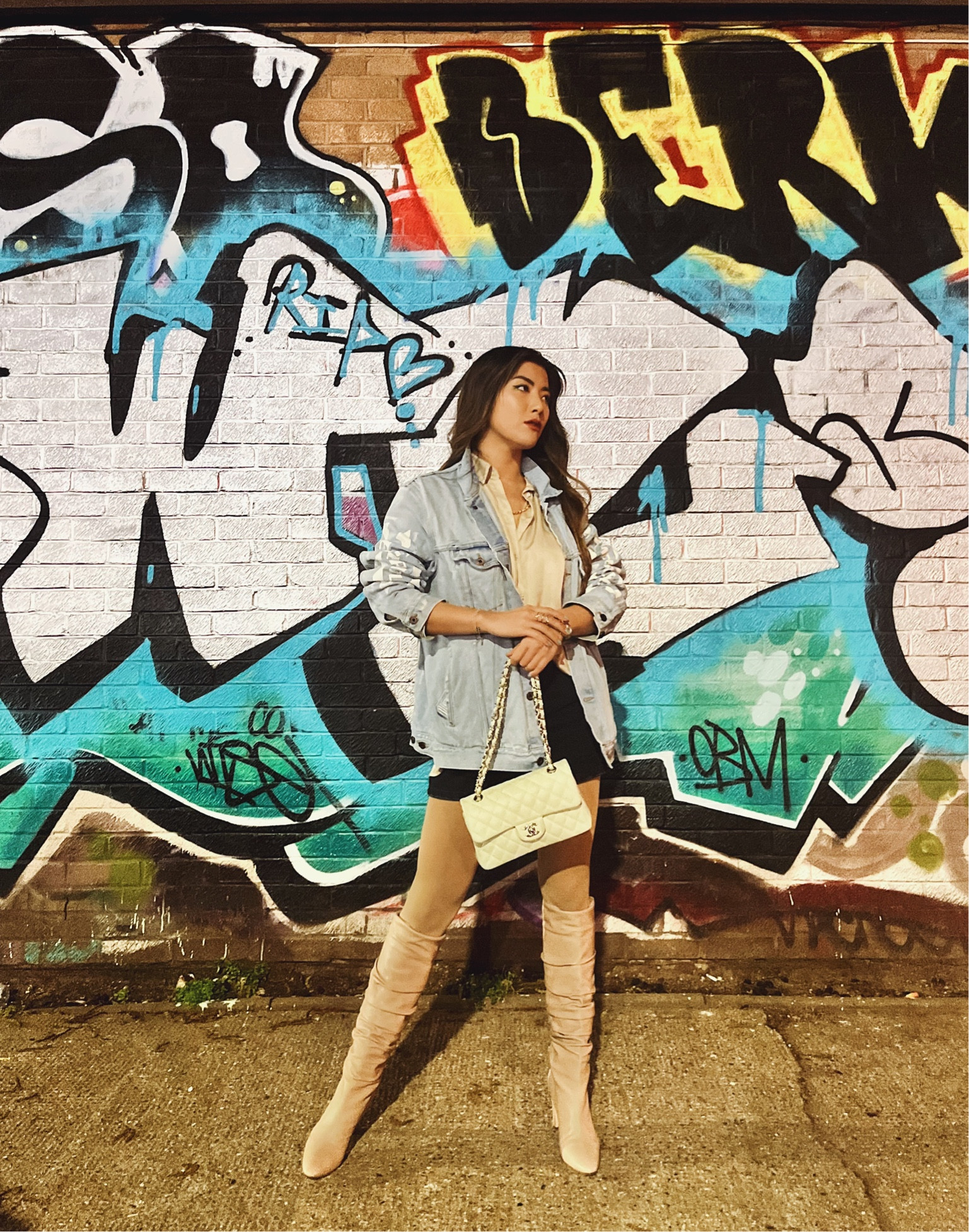 🔍 Denim jacket, oversized jacket, satin shirt, satin blouse, silk shirt, pleated skirt, black skirt, mini skirt, Manolo Blahnik, tall boots, Chanel classic flap, Chanel bag, Chanel handbag, street style, street wear, Off-White, green handbag, nude boots, winter outfit, casual outfit 

#LTKSeasonal #LTKMostLoved #LTKeurope