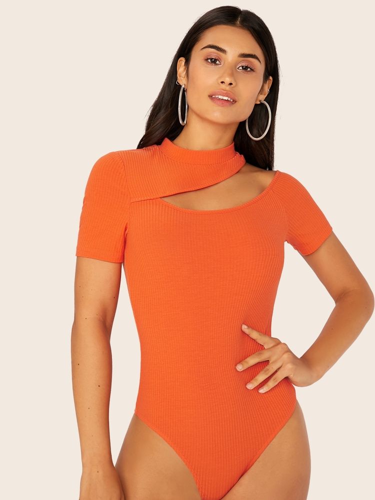 Neon Orange Asymmetrical Neck Fitted Bodysuit | SHEIN