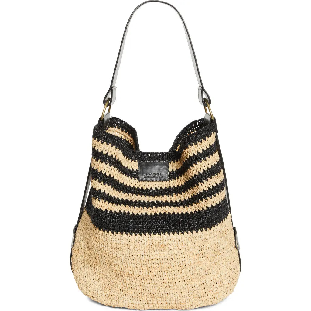 Isabel Marant Bayia Stripe Raffia Hobo Bag in Black/Natural at Nordstrom | Nordstrom