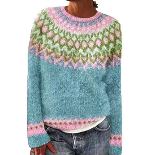 Fair Isle Sweater Women Tunic Casual Vintage Cable Knit Long Sleeve Crewneck Colorful Striped Valentine's Pullover Sweater Cozy Lightweight Fall Winter Holiday Workout Tops Loose Blue Green M | Amazon (US)