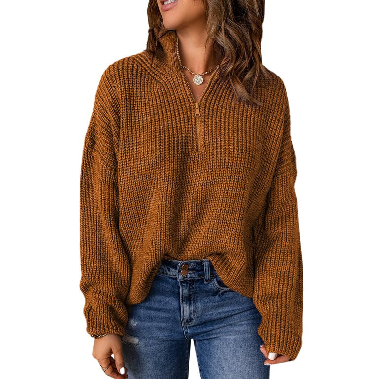 AlvaQ Sweaters for Women Waffle Knit Long Sleeve 1/4 Zip Pullover Polo V Neck Sweater Tops | Walmart (US)