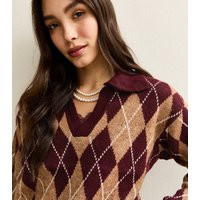 Women's Red Argyle Knit Polo Collar Jumper New Look | New Look (UK)