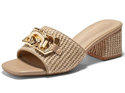 Coutgo Womens Raffia Slide Sandals Chunky Block Heeled Square Open Toe Metal Chain Slip on Mules Dressy Shoes, Coffee, Size 7.5 | Amazon (US)