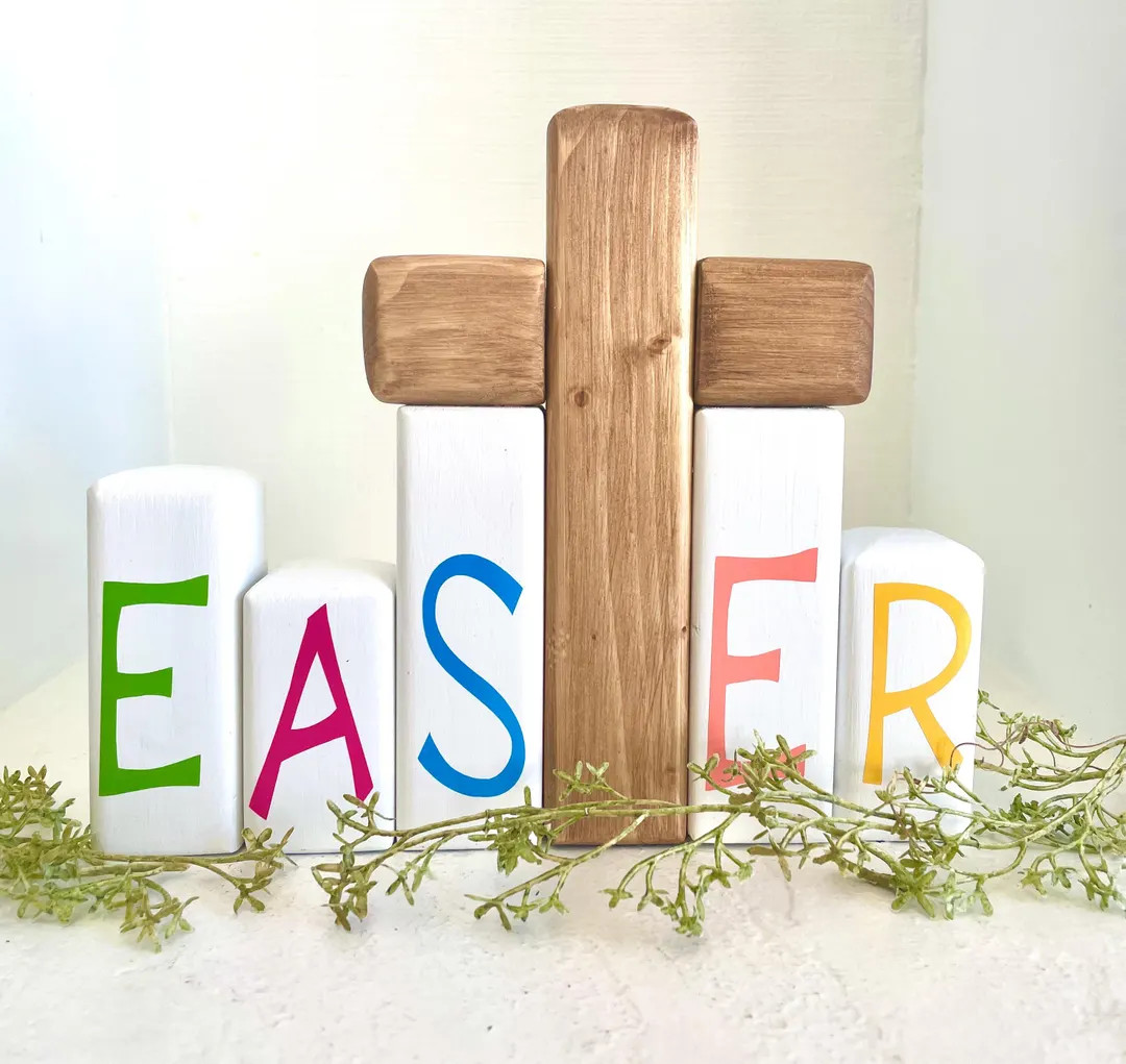 Easter Decor Blocks With Cross, Tiered Tray Decor, Wooden Blocks, Religious Gift - Etsy | Etsy (US)