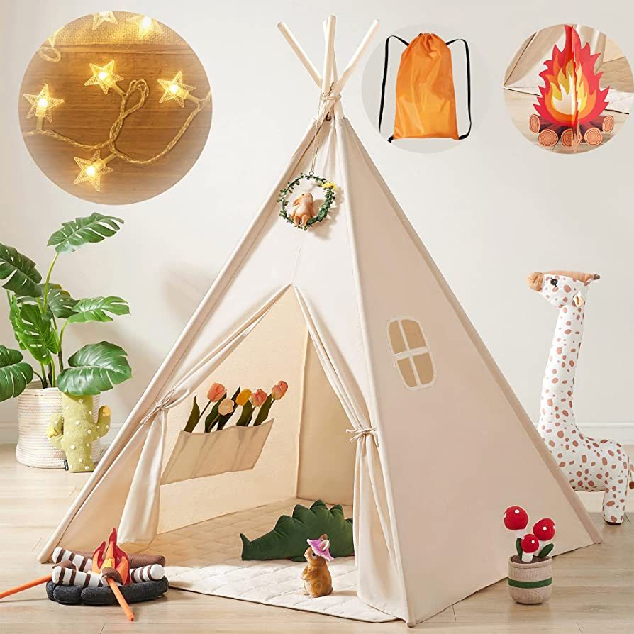 Tiny Land Kids-Teepee-Tent with Lights & Campfire Toy & Carry Case, Natural Cotton Canvas Toddler... | Amazon (US)