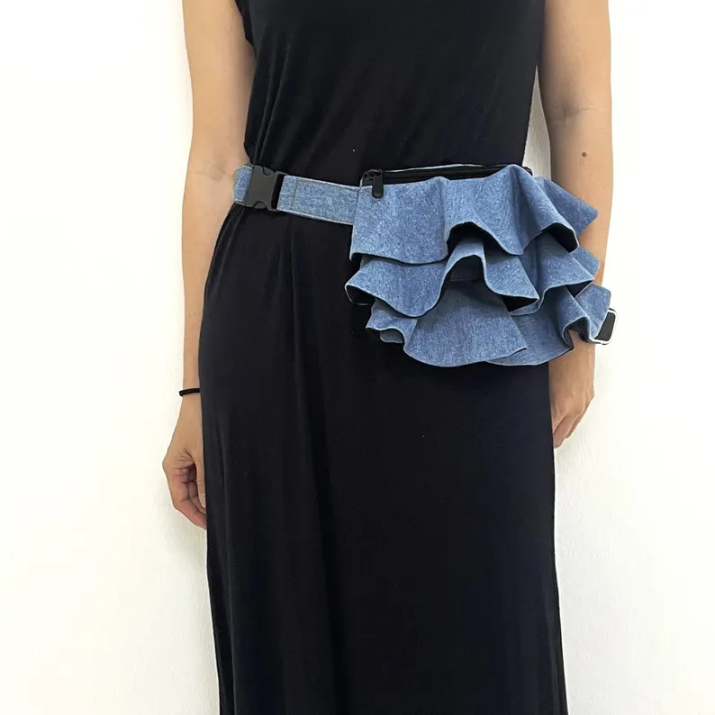 Ruffle Denim Belt Bag . Handmade Convertible Waist & Crossbody Fanny Pack . Statement Festival Ba... | Etsy (Global)