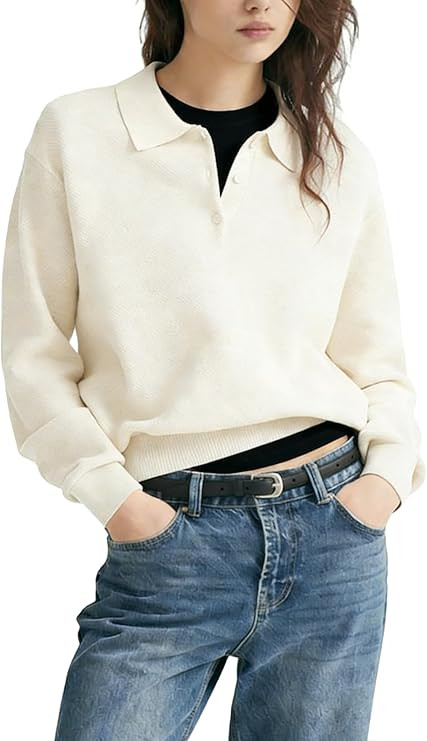 Women's Pullover Knitted Sweater Long Sleeve Polo Shirts Solid Color V-Neck Tops | Amazon (US)