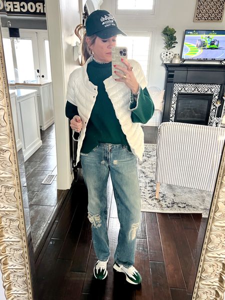 #ootd Saturday style running errands 

Straight leg jeans (vintage old)
Linked similar 

Great sweater with white stitching size down, so soft and comfy 
Save 10% with code DARCY10 

Corps of London cap sleeve puffer vest save 10% with code DARCY10 

New balance 327 tennis shoes my favorite tennis shoe and so comfortable 

Ralph’s coffee baseball cap (not linkable) linked others 

Dean Davidson ring and gold hoops

#Denim

#LTKfindsunder100 #LTKstyletip
