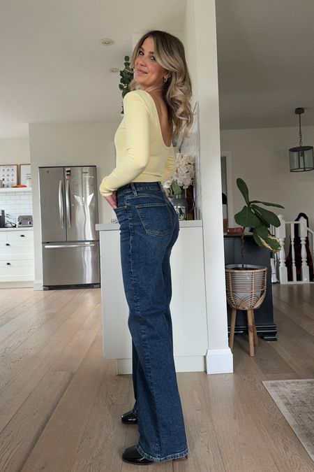 The wide-leg Jean you need (so comfy, lots of stretch and tts!). Alongside this ribbed bodysuit in a beautiful spring tone 🥰 

#LTKstyletip #LTKfindsunder50 #LTKfindsunder100