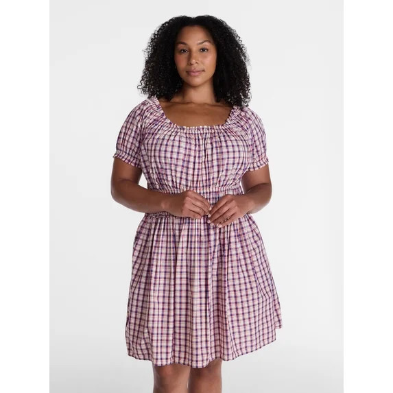 Time and Tru Women's and Women's Plus Cotton Peasant Mini Dress With Puff Sleeves, Sizes XS-4X | Walmart (US)