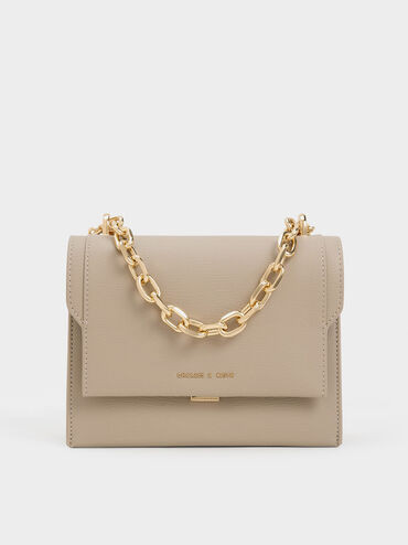 Taupe Front Flap Chain Handle Crossbody Bag | CHARLES & KEITH | Charles & Keith US