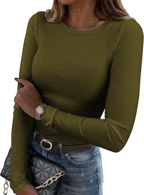 Zeagoo Womens Long Sleeve Stretch Crewneck Ribbed T-Shirt Slim Fit Casual Basic Tops S-XXL | Amazon (US)