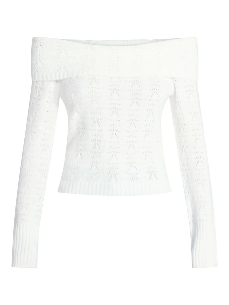 No Boundaries Pointelle Off-The-Shoulder Pullover Sweater, Lightweight, Women's XXS-XXL | Walmart (US)