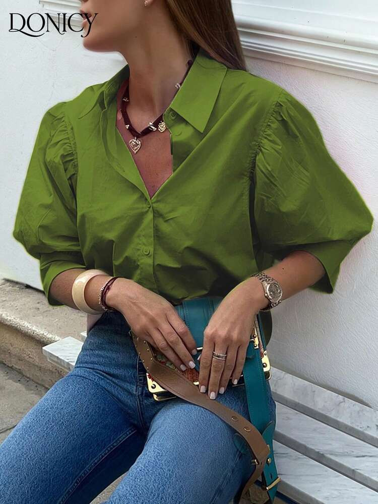 DONICY Women's Solid Color Lapel Mid-Sleeve Blouse With Petal Sleeve Design, Fashionable And Elegant Top | SHEIN