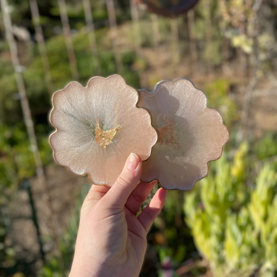 Peachy Pink Flower Coasters With Gold Accents, Handmade Epoxy Resin Coasters, 4.5” Diameter, So... | Etsy (US)