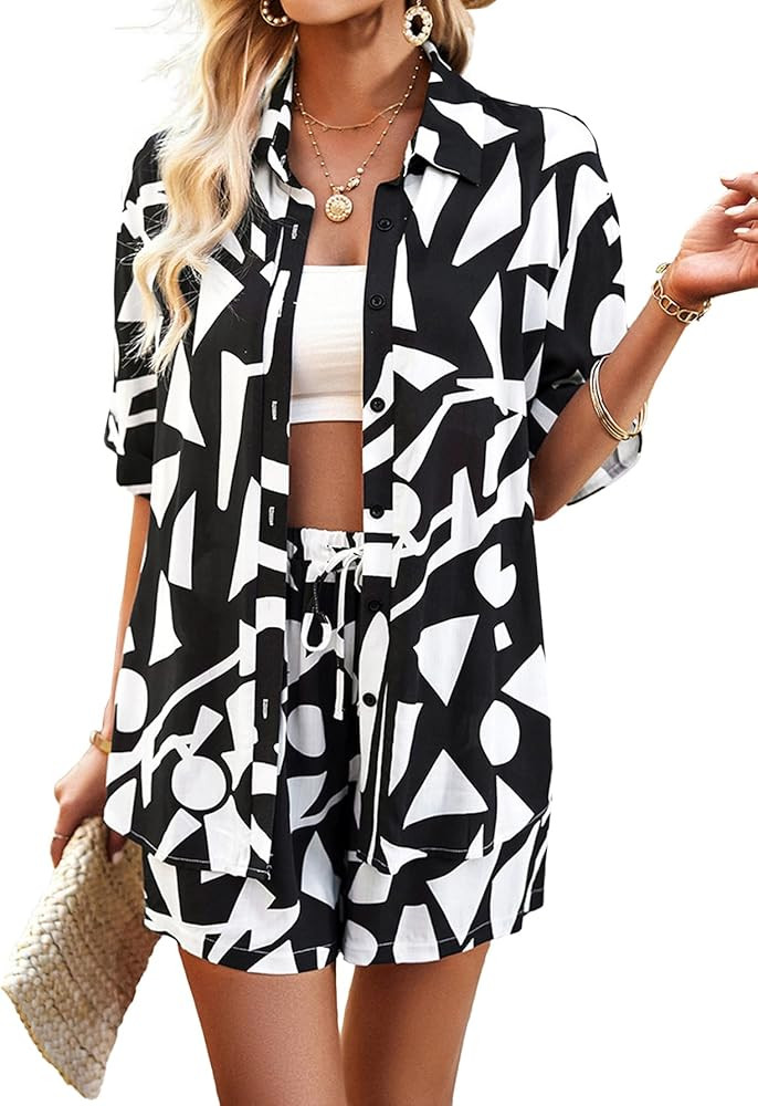 Women's 2 Piece Outfits Sets Summer Beach Button Down Short Sleeve Shirt and Shorts Set with Pock... | Amazon (US)