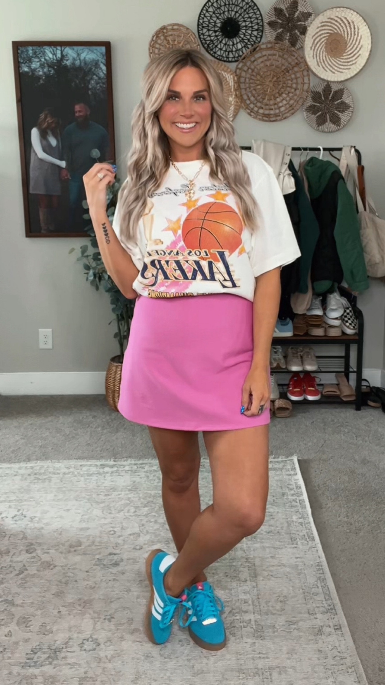 Pairing this pink skort dress (with a pocket!) with a Lakers graphic tee. Love this casual look for running errands or for dressing up a kids’ sports’ tee. Mom outfit inspo, blue adidas sneakers, Abercrombie finds, styling hack

#LTKSeasonal #LTKshoecrush #LTKstyletip