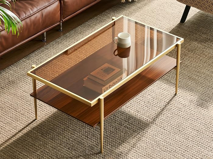 Shrine Rectangle Coffee Table, Mid-Century Modern Design, Two-Tier Walnut MDF Table, 39.4" D x 21.6" W x 17.3" H, Sleek Conical Metal Legs with Gold Finish | Amazon (US)