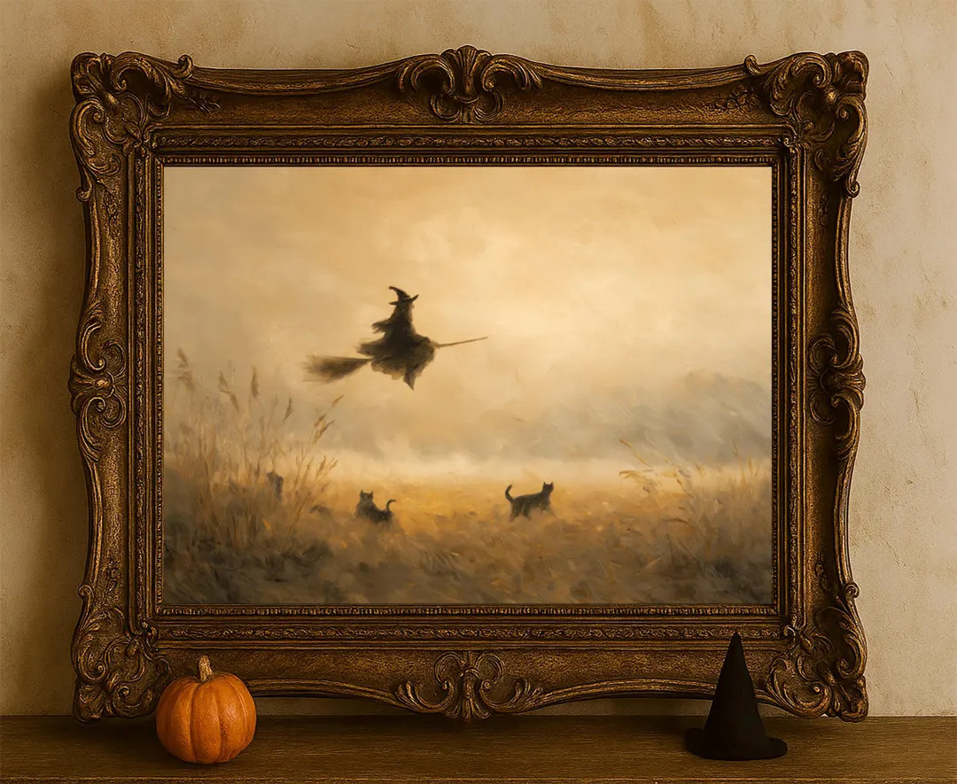 Witch Flying Over Misty Fields - Moody Halloween Wall Art, Rustic Autumn Scene, Printable Hallowe... | Etsy (US)