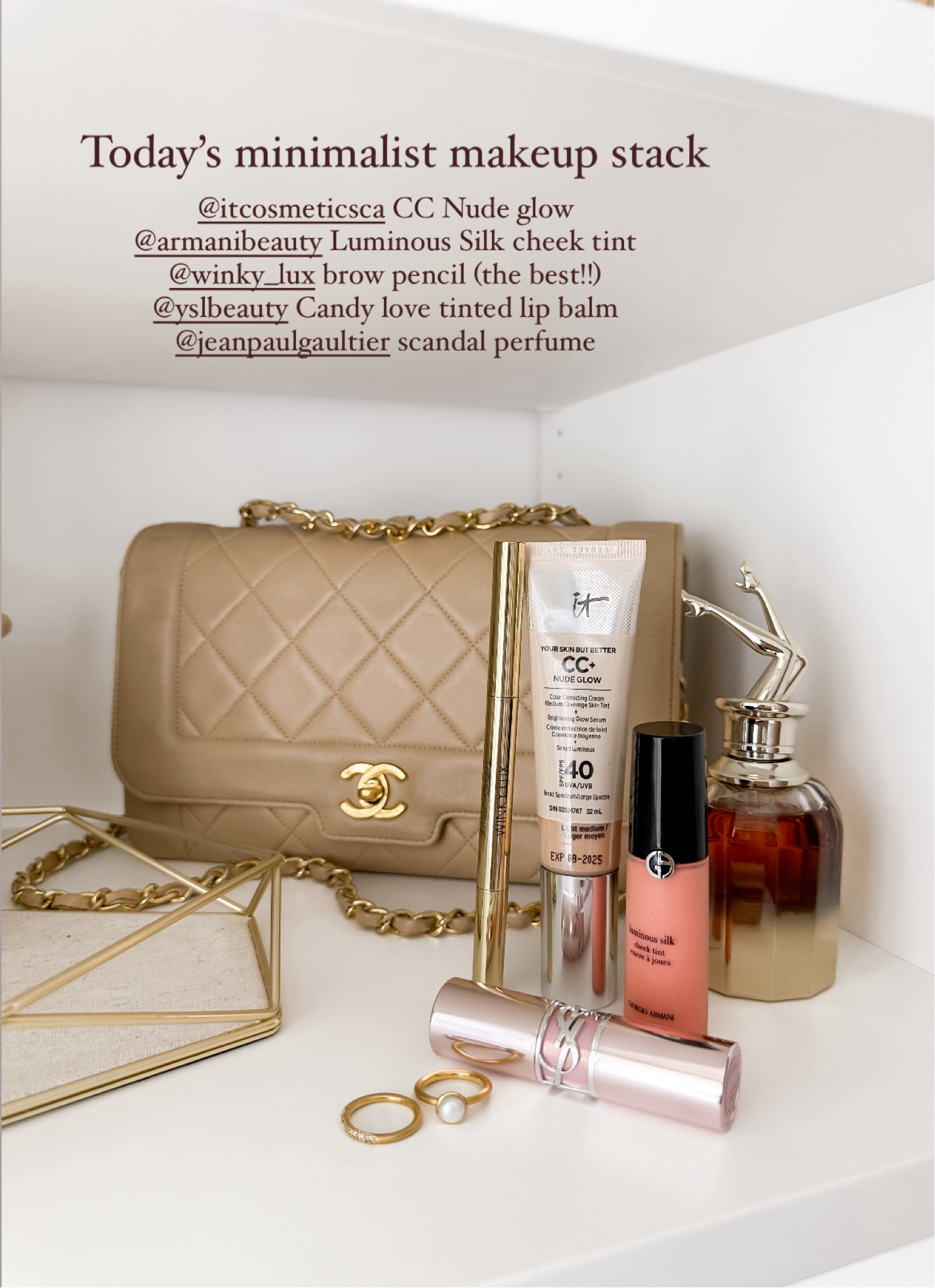 Minimalist makeup for a clean girl look. Starting with CC cream base from IT cosmetics, then flush of blush from Armani beauty and the love shine lip balm from YSL beauty. This Brad pencil from winky Lux is the best! And completed this look with the Jean Paul Gaultier scandal perfume. 

#LTKItBag #LTKStyleTip #LTKBeauty