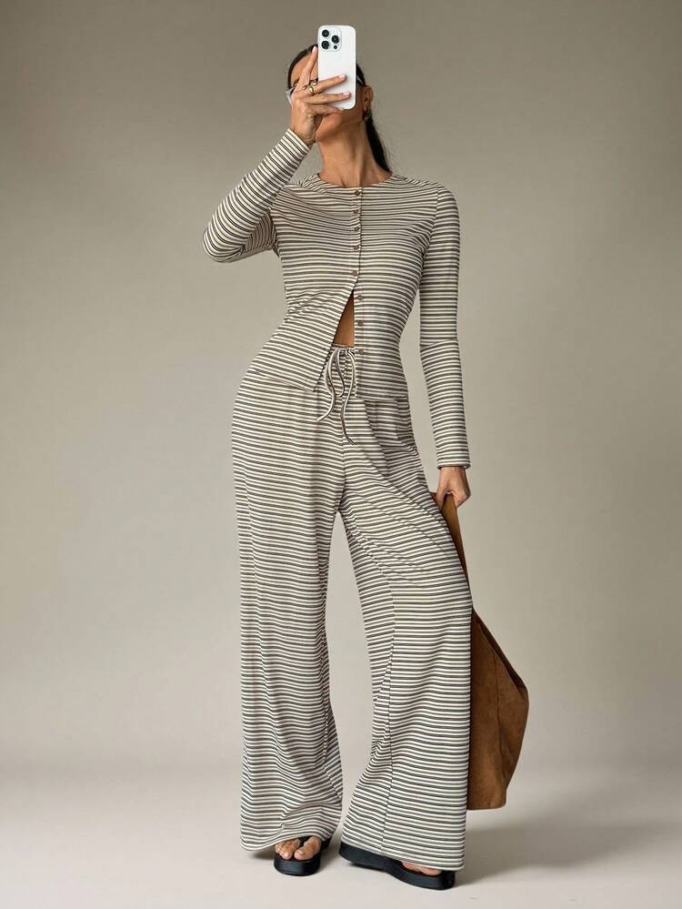 SHEIN Tall 2pcs Women Casual Striped Front Button Long Sleeve Top And Wide Leg Pants Set, Autumn | SHEIN