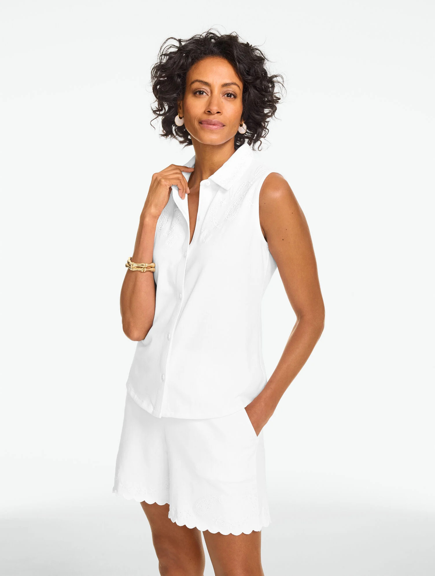 Eyelet Knit Sleeveless Button Front Top | Talbots