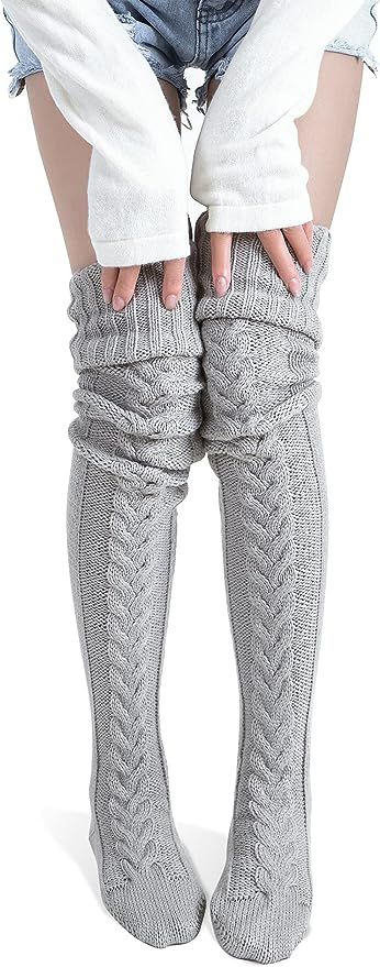 Women's Thigh High Socks Over the Knee Cable Knit Boot Socks, Long Warm Fashion Leg Warmers Winte... | Amazon (US)