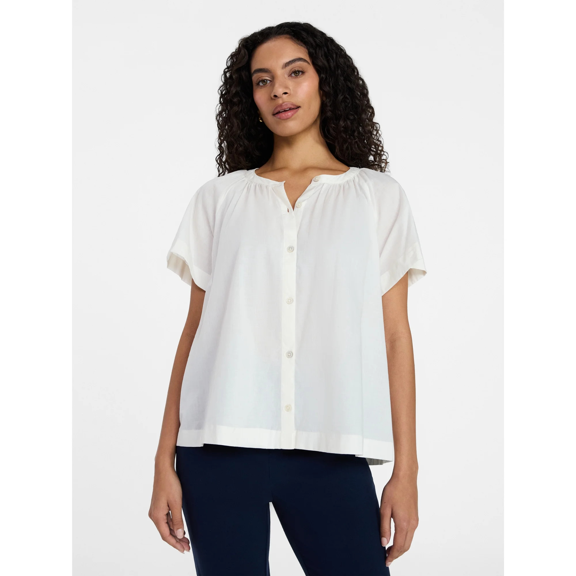 Time and Tru Women's Cotton Button Up Blouse with Short Sleeves, Sizes XS-XXXL | Walmart (US)