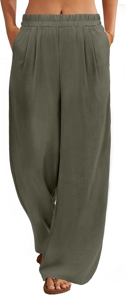 FireSwan Linen Pants Women Wide Leg Palazzo Pants Flowy Elastic Waist Summer Beach Casual Trouser... | Amazon (US)