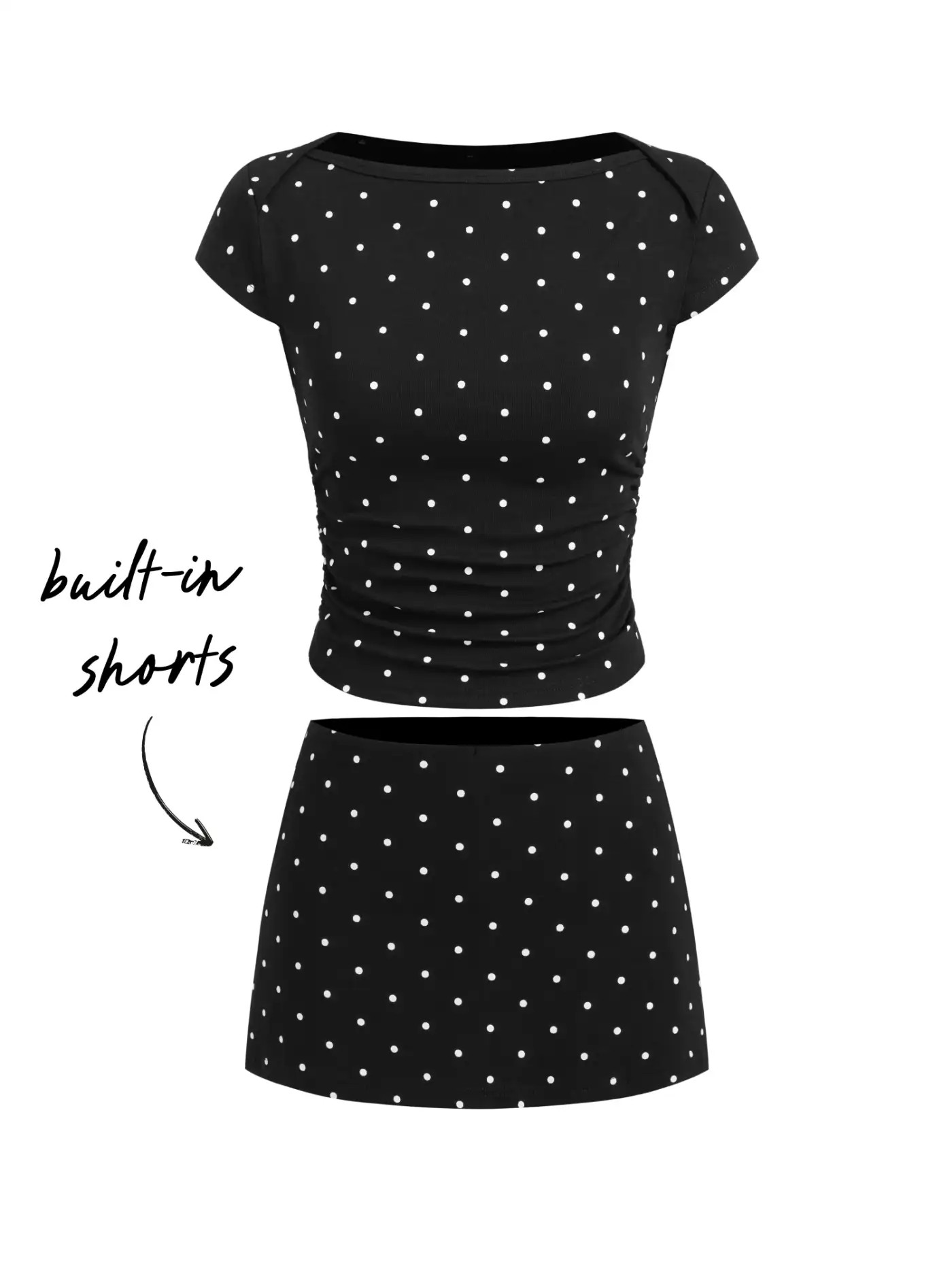 Knit Fabric Cotton-blend Boat Neck Polka Dot Ruched Tee & Mini Skort For Daily Casual | Cider