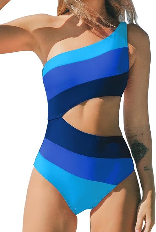 CUPSHE Women's One Piece Swimsuit One Shoulder Bathing Suit Cutout Color Block Swimwear | Amazon (US)