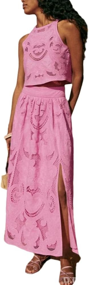 Womens Summer Sets 2 Piece Outfits Tank Top and Maxi Skirt Embroidered Suit Elegant | Amazon (US)