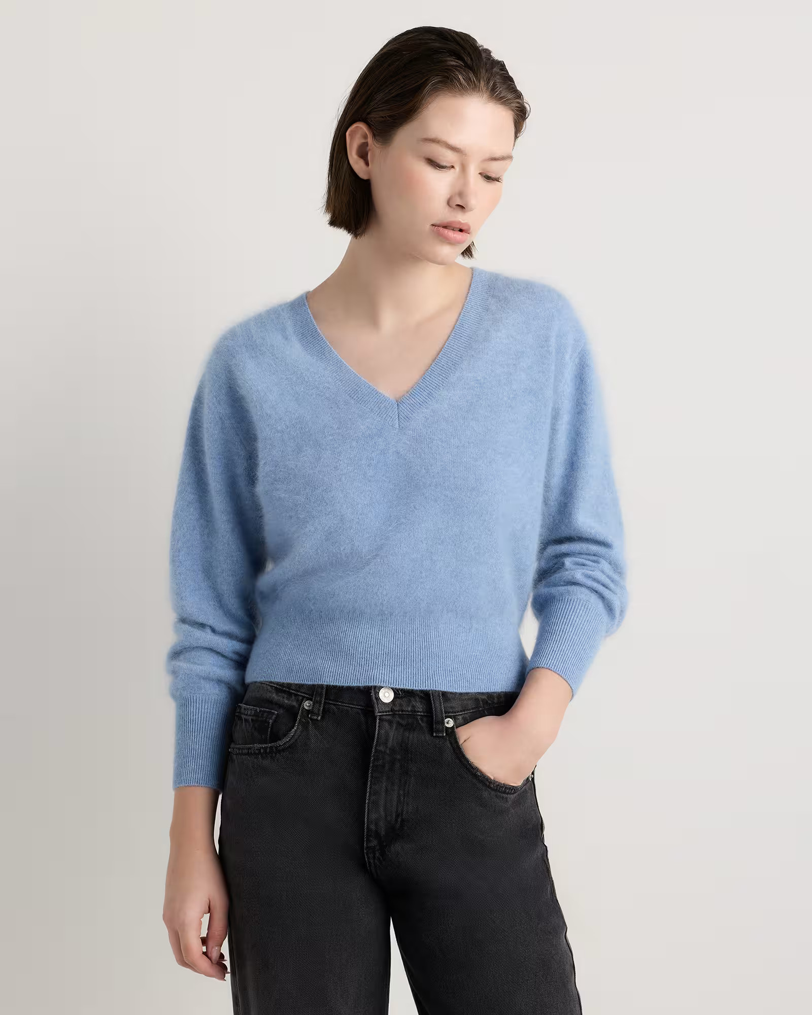 Brushed Cashmere Shrunken V-Neck Sweater | Quince
