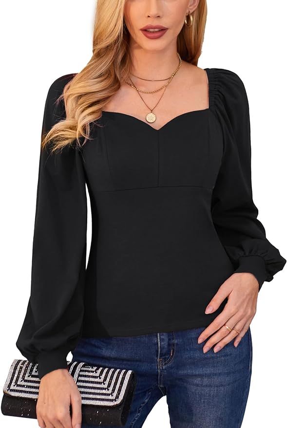 GRACE KARIN Women's Lantern Long Sleeve Blouse Retro Slim Fit Sweetheart Neckline Shirt Tops Vint... | Amazon (US)