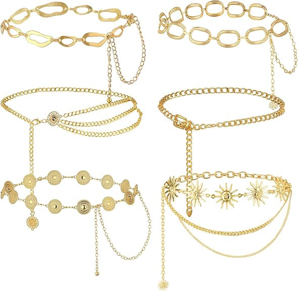 6 Pcs Gold Waist Chain Belts for Women Multi Layer Sun Concho Chunky Metal Adjustable Body Belly ... | Amazon (US)