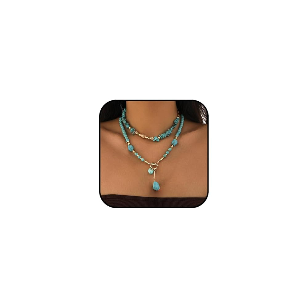 Turquoise Beaded Necklace for Women Layered Choker Necklace Gold and Turquoise Necklace Toggle Co... | Amazon (US)