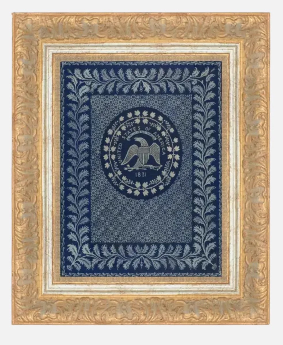 AMERICA IN BLUE 
10x12
Gimme all the patriotic decor! 🇺🇸🇺🇸

“Add a refined touch of Americana to your home with the America in Blue art print. Set in an ornate, vintage-style gold frame, this piece features a deep blue background with the United States seal at the center, accented by delicate white floral details. The classic design feels both patriotic and timeless, making it a beautiful accent for a gallery wall, bookshelf, or styled vignette.”