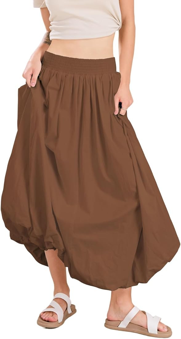 chouyatou Women's Summer Y2k Bubble Maxi Long Skirt Puffy Ruffle High Waist A-Line Smocked Skirt | Amazon (US)