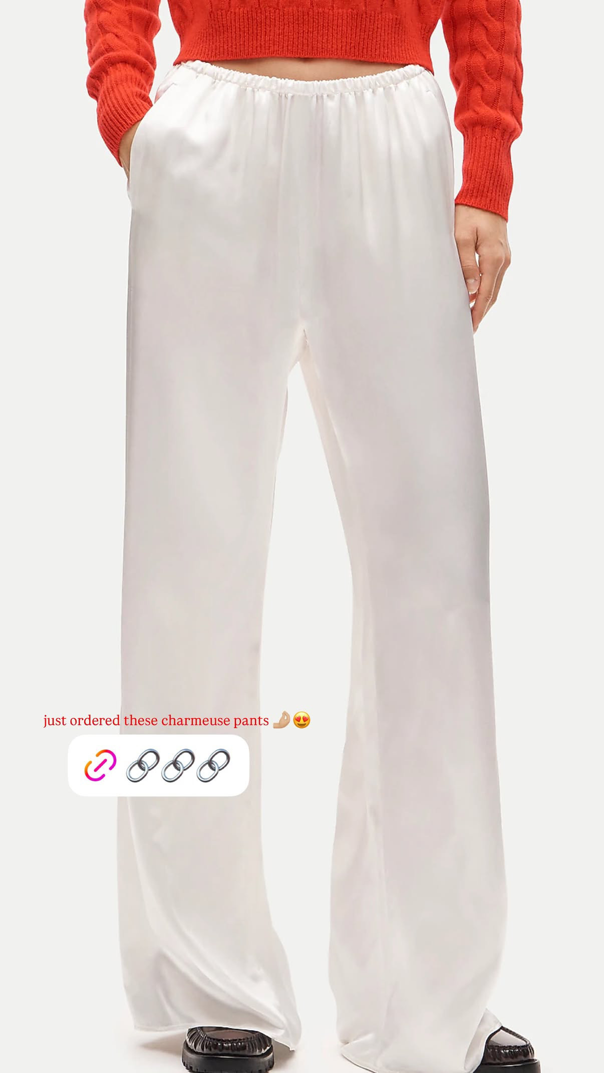 Just ordered these charmeuse pants and I already know they're going to live in the fall/winter rotation 🤍 That satin-y drape, the wide leg, the elastic waist — comfortable AND elevated, which is exactly the combo I'm chasing right now. Dress them up with a knit and loafers like this or keep them easy with a tee. Linked on my LTK, go grab yours before they sell out. 

 #charmeusepants #satinpants #falloutfit #wideleg #ltkfallstyle #LTKstyletip #liketkit