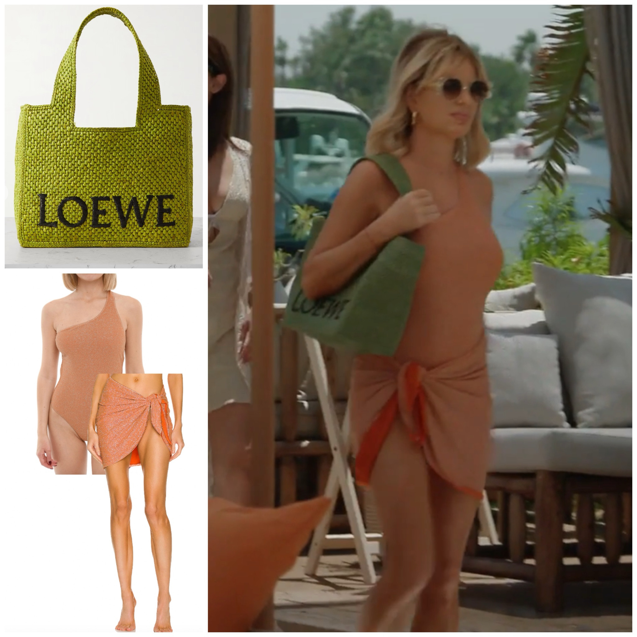 Caroline Stanbury’s Coral Glitter Swimsuit, Cover Up and Green Loewe Tote Bag