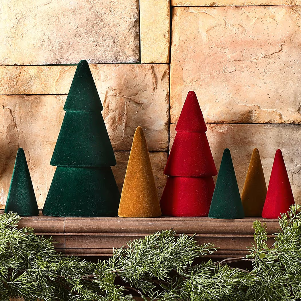 7 Pcs Christmas Velvet Trees Set Neutral Xmas Decoration Modern Christmas Cone Trees 4 Sizes Xmas Tabletop Centerpieces Flocked Farmhouse Decor for Kitchen Holiday Party Mantel Tiered Tray Gifts | Amazon (US)