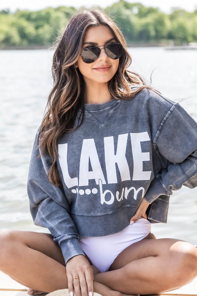 Lake Bum Navy Cropped Corded Graphic Sweatshirt | Pink Lily
