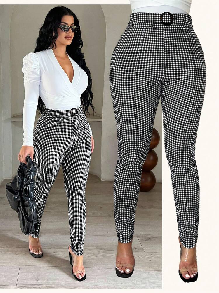 SHEIN SXY Women's Fashion Business Casual Plaid Skinny Pants, Checkered Pants, Houndstooth, Gingham Pants, High Waist Pants Woman, Plaid,Elegant ,Business Casual Outfits Women,Work,Teacher, | SHEIN