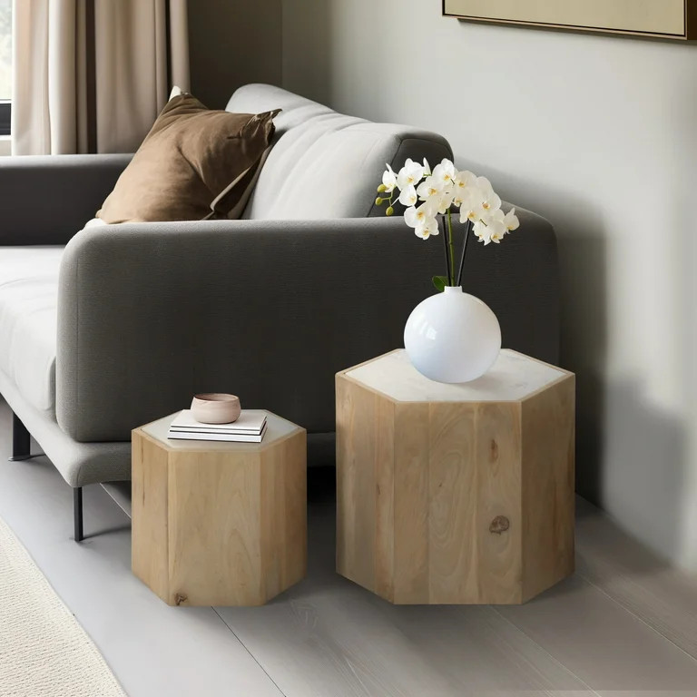 Sagebrook Home Natural Mango Wood & Marble Hexagonal Side Tables, Set of 2, Chic Accent Furniture... | Walmart (US)