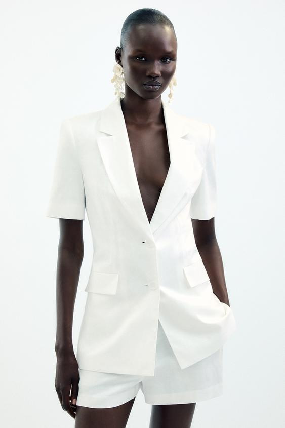TAILORED SHORT SLEEVE LINEN BLEND BLAZER Oyster-white Pink | Zara UK