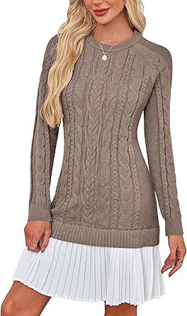 Angashion Women's Cable Knit Sweater Dress: Crewneck Long Sleeve Fall Winter Mini Sweater Dress | Amazon (US)