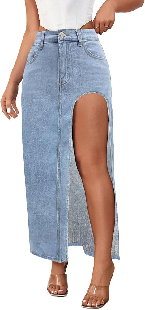 CHARTOU Women's Sexy High Split Slim Fit Maxi Long Pencil Denim Jean Skirt | Amazon (US)